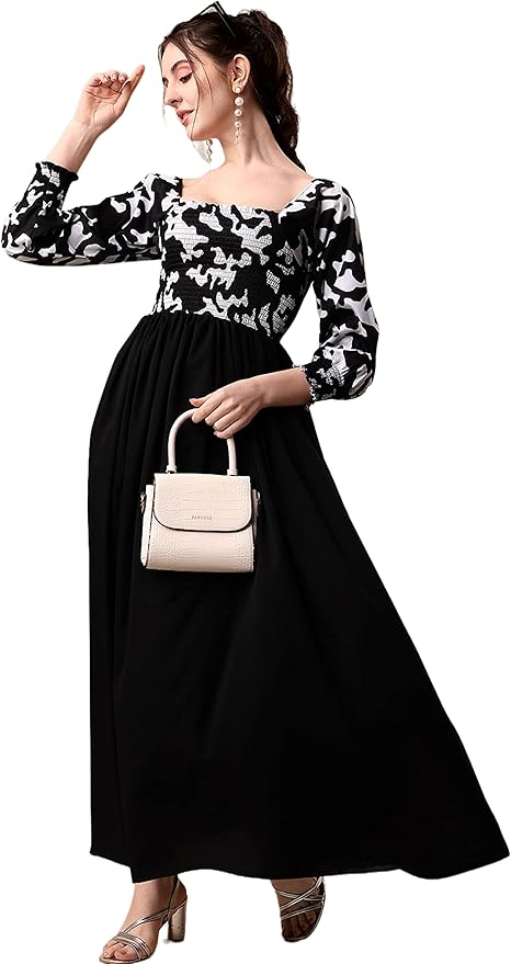 Sheetal Associates Women's Black and White Floral Crepe Ankle Length Mexi Dress, XS Size