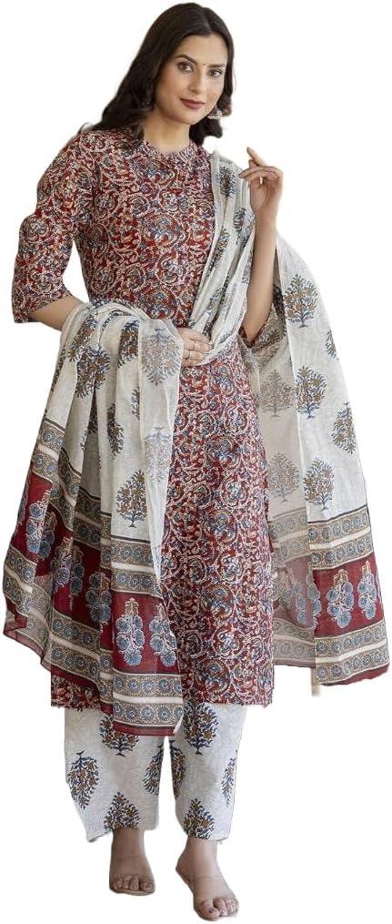Women's Cotton Printed Anarkali Kurta with Palazzo & Dupatta Set