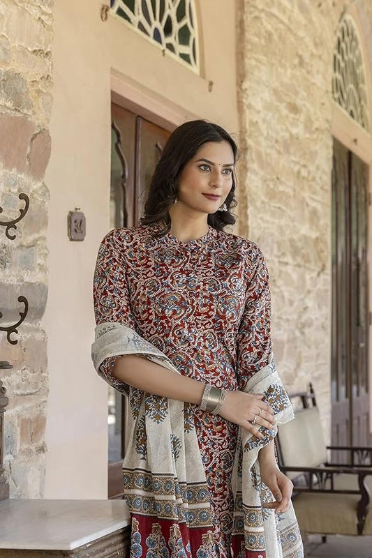 Women's Cotton Printed Anarkali Kurta with Palazzo & Dupatta Set