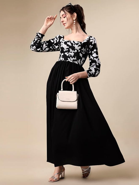 Sheetal Associates Women's Black and White Floral Crepe Ankle Length Mexi Dress, XS Size