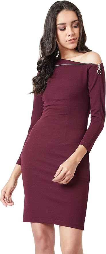 Miss Olive Women's Asymmetric Full Sleeves Solid Bodycon Knee-Length One Shoulder Dress (MOSS23D31-42-62)