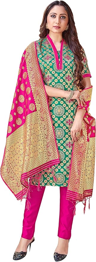 Indian Pakistani Women's Readymade Dress| Banarasi Art Silk Dress Stitched Punjabi Suit || Salwar Kameez & Silk Dupatta