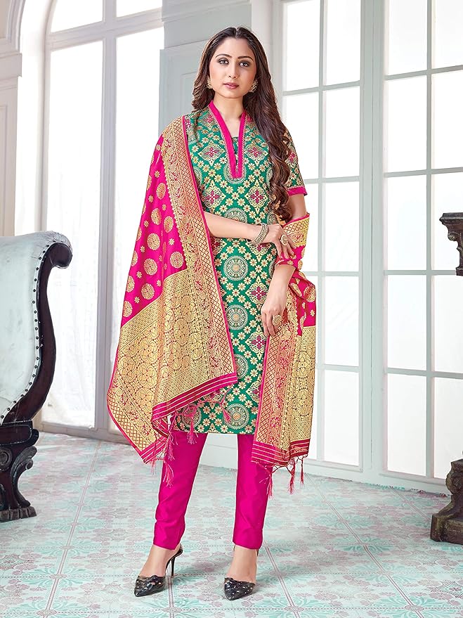 Indian Pakistani Women's Readymade Dress| Banarasi Art Silk Dress Stitched Punjabi Suit || Salwar Kameez & Silk Dupatta