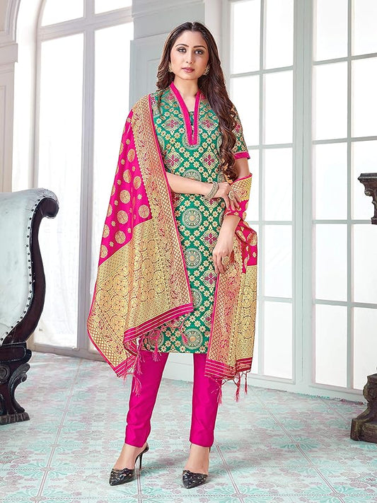Indian Pakistani Women's Readymade Dress| Banarasi Art Silk Dress Stitched Punjabi Suit || Salwar Kameez & Silk Dupatta