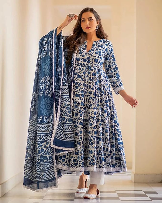 Women's Cotton Printed Anarkali Kurta with Palazzo & Dupatta Set